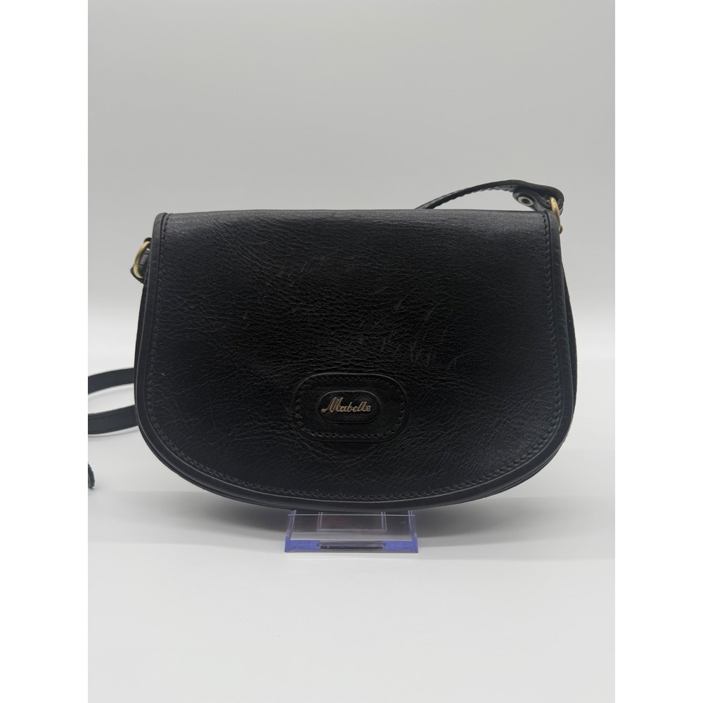 Vtg Mabelle Black Leather Crossbody Saddle Bag Adjustable Strap Brass Hardware